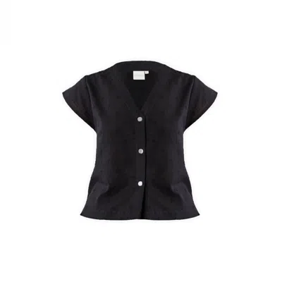 REISTOR WOMEN'S V-NECK EMBROIDERED TOP WITH FRONT BUTTONS IN BLACK
