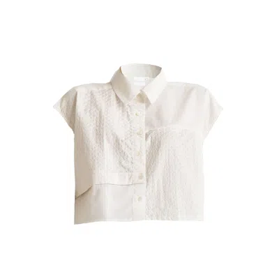Reistor Women's White Embroidered Panel Crop Cotton Top