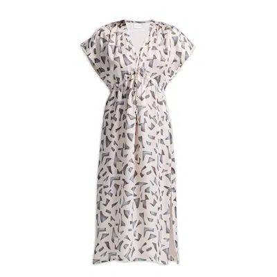 Reistor Women's White Gathered Maxi Dress With Side Slits In Mosaic