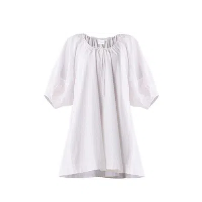 Reistor Women's White Puff Sleeved Dress With Drawstring Neckline