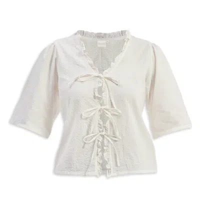 Reistor Women's White Relaxed Fit Top With Ruffles & Front-ties In Cream