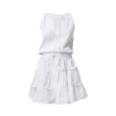 Reistor Women's White Tiered Embroidered Short Dress