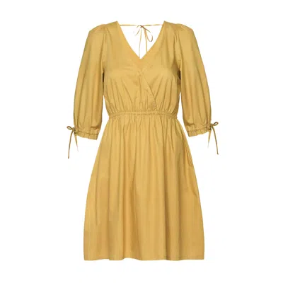 Reistor Women's Yellow / Orange Gathered Elbow Sleeve Short Cotton Dress In Yellow/orange