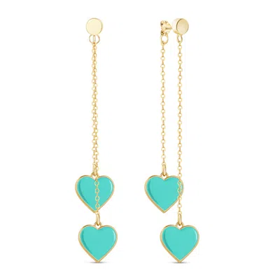 Rejected Hearts Club Women's Blue / Green Single Hearted Girl Dangle Turquoise Heart Charm Gold Filled Earrings In Multi
