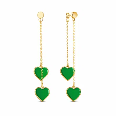 Rejected Hearts Club Women's Single Hearted Girl Double Sided Green Heart Charm Earrings In Gold