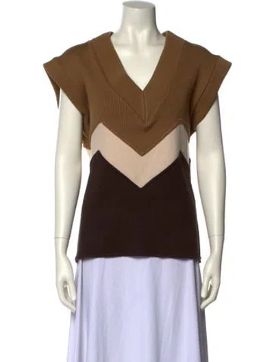 Pre-owned Rejina Pyo Colorblock Pattern V-neck Sweater In Brown