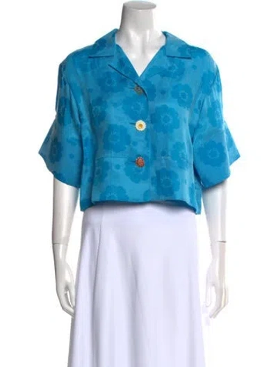 Pre-owned Rejina Pyo Floral Print Short Sleeve Crop Top W/ Tags In Blue