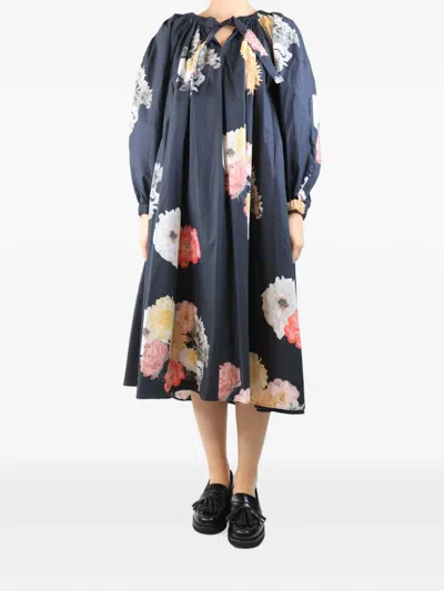 Pre-owned Rejina Pyo Floral-print Tie-neck Dress In Gray