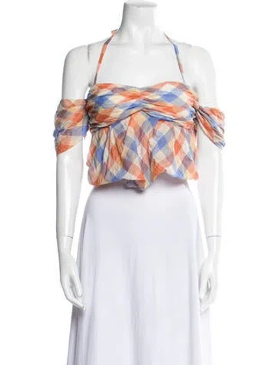 Pre-owned Rejina Pyo Plaid Print Halterneck Crop Top In Blue