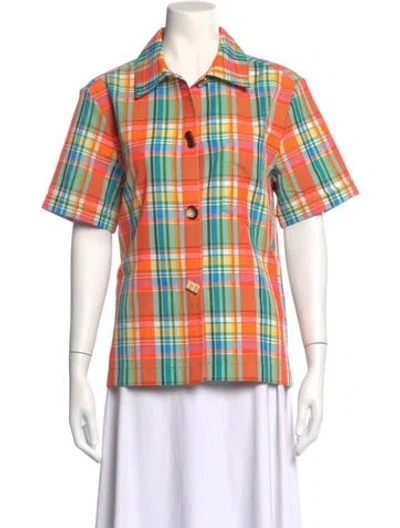 Pre-owned Rejina Pyo Plaid Print Short Sleeve Button-up Top In Orange