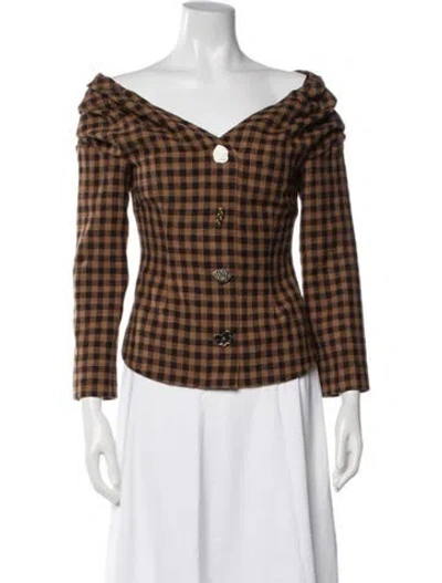 Pre-owned Rejina Pyo Virgin Wool Plaid Print Blouse In Brown