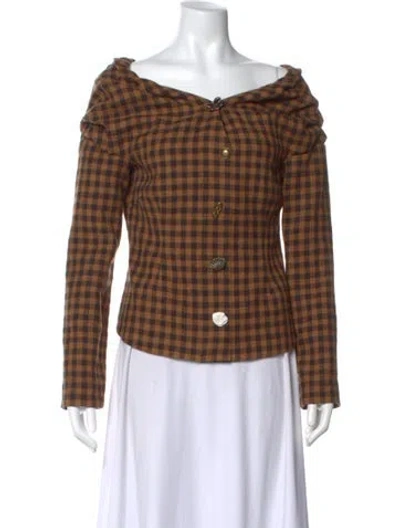 Pre-owned Rejina Pyo Virgin Wool Plaid Print Top In Brown