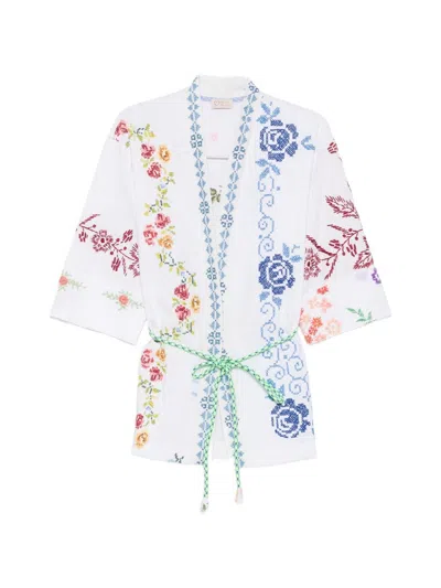 Relax Re-lux Embroidered Cotton Kimono Jacket In White