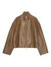 Remain Birger Christensen Stand Collar Zipper Leather Jacket In Beige