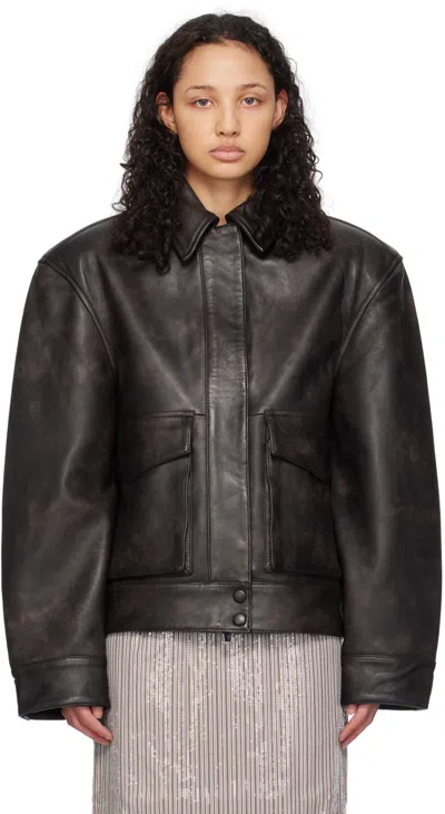 Remain Birger Christensen Brown V-shaped Leather Jacket In 19-1118 Chestnut