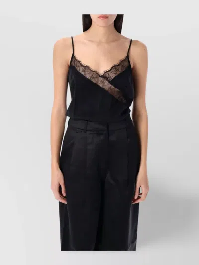 Remain Birger Christensen Lace Trimmed Satin Top With Sheer Panel In Black
