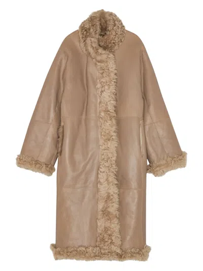Remain Birger Christensen Shearling Leather Long Coat In Brown