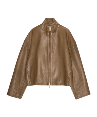 Remain Birger Christensen Stand Collar Zipper Leather Jacket In Brown