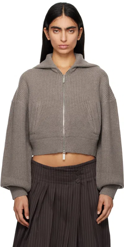 Remain Birger Christensen Taupe Knitted Cropper Bomber Sweater In 2304 Silver Mink