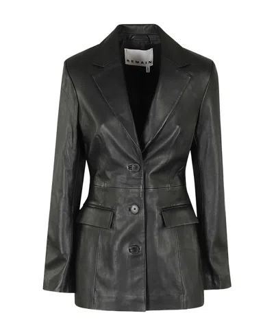 Remain Birger Christensen Single-breasted Long-sleeved Leather Jacket In Black
