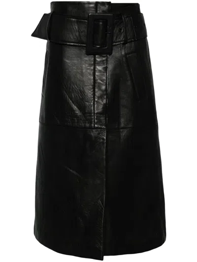 Remain Birger Christensen Bonded Leather Midi Skirt In Black