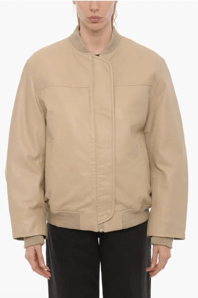 Remain Birger Christensen Leather Bomber Jacket With Hidden Closure In Beige
