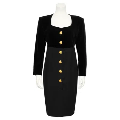 Pre-owned Rena Lange 1990s  Black Velvet And Wool Dress With Gold Heart Buttons