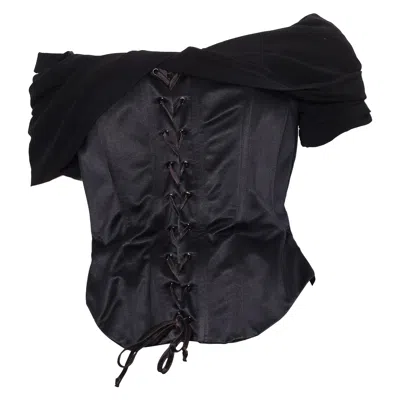 Pre-owned Rena Lange Black Silk Corset With Lace-up Front Off The Shoulder Neckline