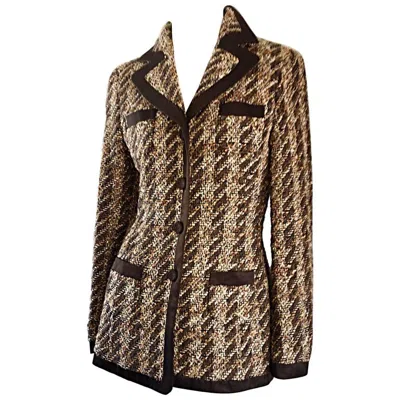 Pre-owned Rena Lange Brown & Ivory Boucle Fantasy Tweed Vintage 90s Blazer Jacket Sz 34 In White
