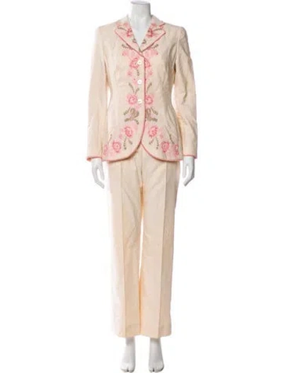 Pre-owned Rena Lange Floral Print Raw-edge Trim Pantsuit In Neutral
