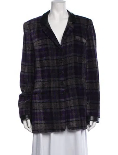 Pre-owned Rena Lange Lamb Leather Plaid Print Blazer In Blue