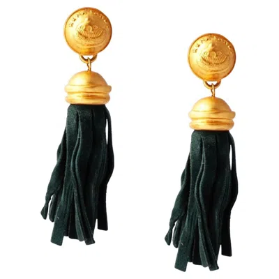 Pre-owned Rena Lange Matte Gold & Green Suede Tassel Earrings By , 1990s