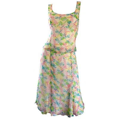 Pre-owned Rena Lange Vintage  1990s Silk Chiffon ' Dragonfly ' Dress Set Blouse + Skirt In Brown