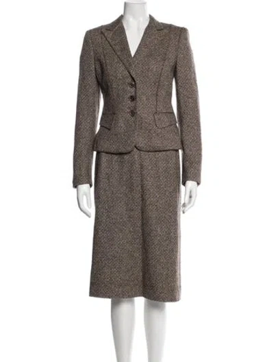Pre-owned Rena Lange Virgin Wool Tweed Pattern Skirt Suit In Brown