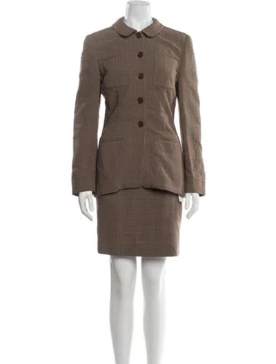 Pre-owned Rena Lange Wool Plaid Print Skirt Suit In Brown