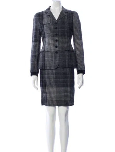 Pre-owned Rena Lange Wool Plaid Print Skirt Suit In Gray