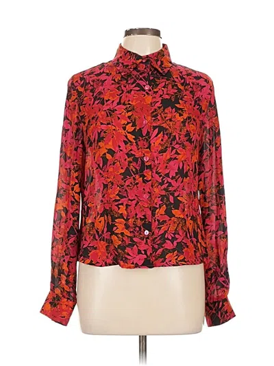 Pre-owned Rena Rowan Long Sleeve Silk Top Red Floral Pattern Mock Neckline Tops