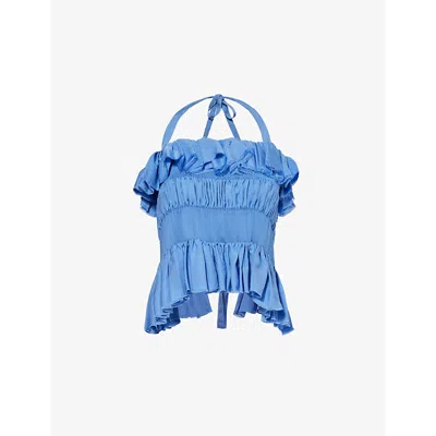 Renata Brenha Womens Vivid Blue Babado Halterneck Ruffled Woven Top In Denim Blue