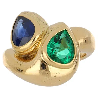 Pre-owned René Boivin Rene Boivin 18k Gold Sapphire & Emerald Crossover Ring In Green
