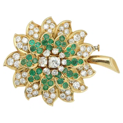 Pre-owned René Boivin Brooch Green Emerald And Old Cut Diamonds 18k Vintage Flower Pin
