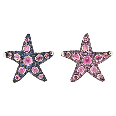 Pre-owned René Boivin Pair Of  “etoile De Mer” Sapphire And Tourmaline Brooches In Blue