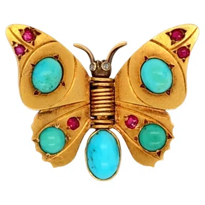 Pre-owned René Boivin Ruby, Diamond And Turquoise Gold Butterfly Brooch Clip In Multi