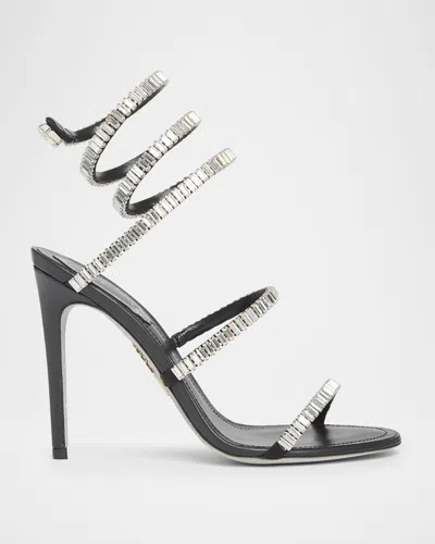 René Caovilla 105mm Cleo Leather Baguette Crystal Sandals In Black