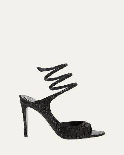 René Caovilla 105mm Crystal Satin Snake-wrap Sandals In Black