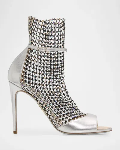 René Caovilla 105mm Embellished Metallic Leather Bootie Sandals In Silver
