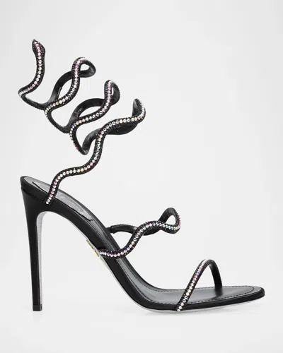 René Caovilla 105mm Embellished Satin Snake-wrap Sandals In Black