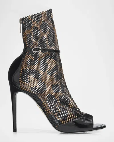 René Caovilla 105mm Patent Leather Embellished Mesh Booties In Black