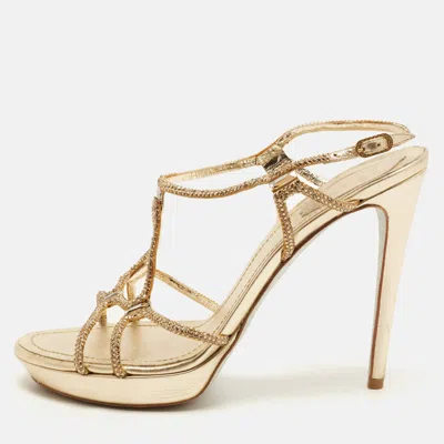 Pre-owned René Caovilla Size 41 Gold Leather And Satin Crystal Embellished Ankle Strap Sandals