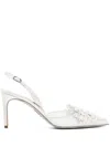 René Caovilla Lace Embellished Crystal Sling Back Pumps In White