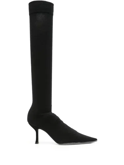 René Caovilla 70mm Crystal-embellished Knitted Boots In Black
